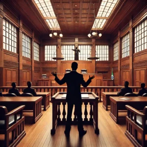 Silhueta de um advogado criminalista gesticulando diante de um júri em um tribunal, com arquitetura inspirada no Poder Judiciário brasileiro.