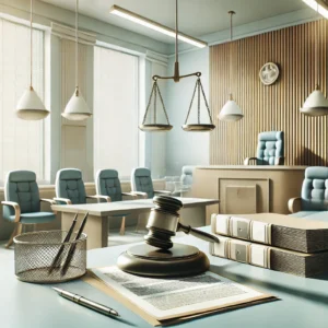 "Ilustração de um tribunal moderno com foco na mesa do juiz, documentos legais e uma cadeira vazia, simbolizando decisões jurídicas e justiça. A imagem tem um tom formal, com cores neutras e ambiente organizado, refletindo a seriedade do tema das mudanças nas saídas temporárias no sistema carcerário."