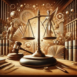 Imagem abstrata representando os desafios enfrentados por um advogado criminalista, com uma balança da justiça centralizada, rodeada por livros de direito e um martelo em um ambiente que remete a um tribunal.