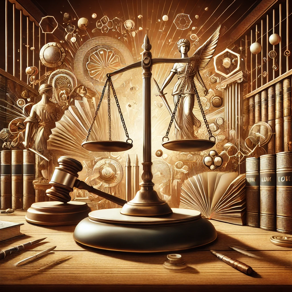 Imagem abstrata representando os desafios enfrentados por um advogado criminalista, com uma balança da justiça centralizada, rodeada por livros de direito e um martelo em um ambiente que remete a um tribunal.