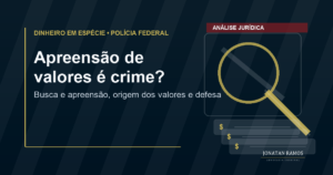 Arte jornalística sobre apreensão de dinheiro em espécie pela Polícia Federal, com lupa, cédulas e elementos de defesa criminal.