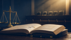 Livro jurídico aberto com balança da justiça e plenário ao fundo, representando o procedimento do Tribunal do Júri no CPP.