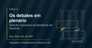 Arte de capa sobre os debates em plenário no Tribunal do Júri, com falas opostas diante dos jurados.