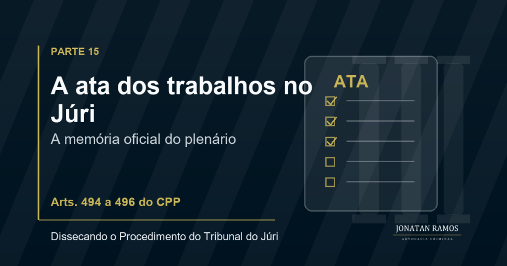 Arte de capa sobre a ata dos trabalhos no Tribunal do Júri e os arts. 494 a 496 do CPP.