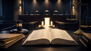 Livro jurídico aberto em ambiente de plenário, representando pronúncia, impronúncia e absolvição sumária no Tribunal do Júri.