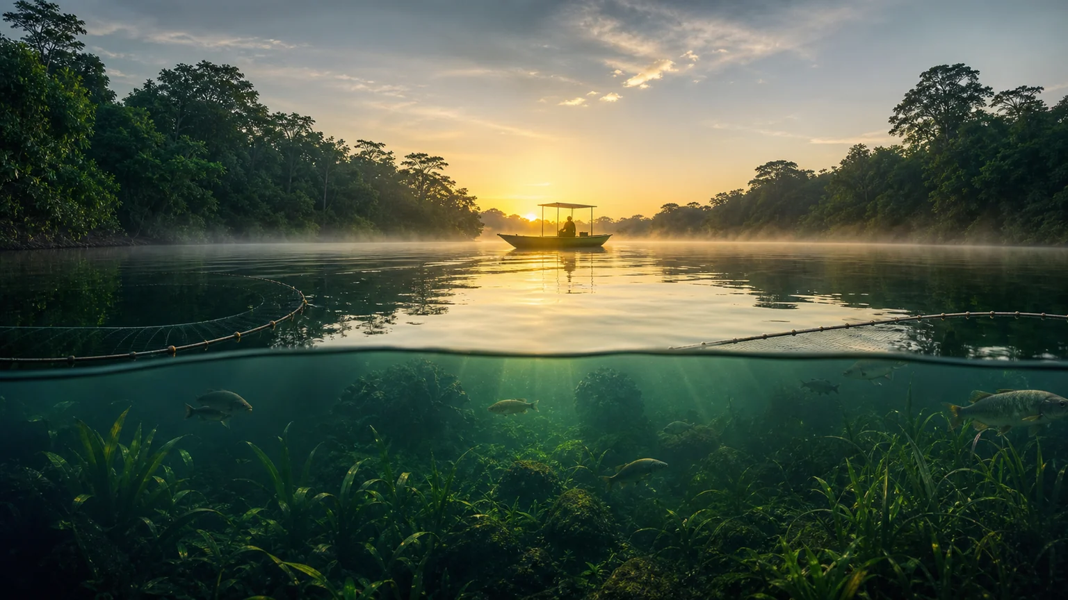 Rio tropical protegido com pesca sustentável e vida aquática preservada