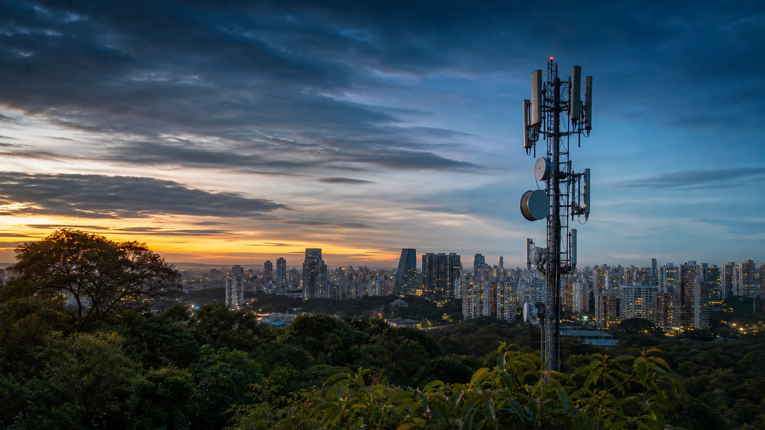 Estação Rádio-Base de telefonia em área urbana e ambiental ao entardecer