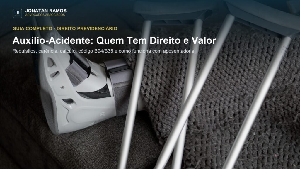 Muleta ortopédica e bota imobilizadora apoiadas em um sofá, capa do guia completo sobre auxílio-acidente do INSS