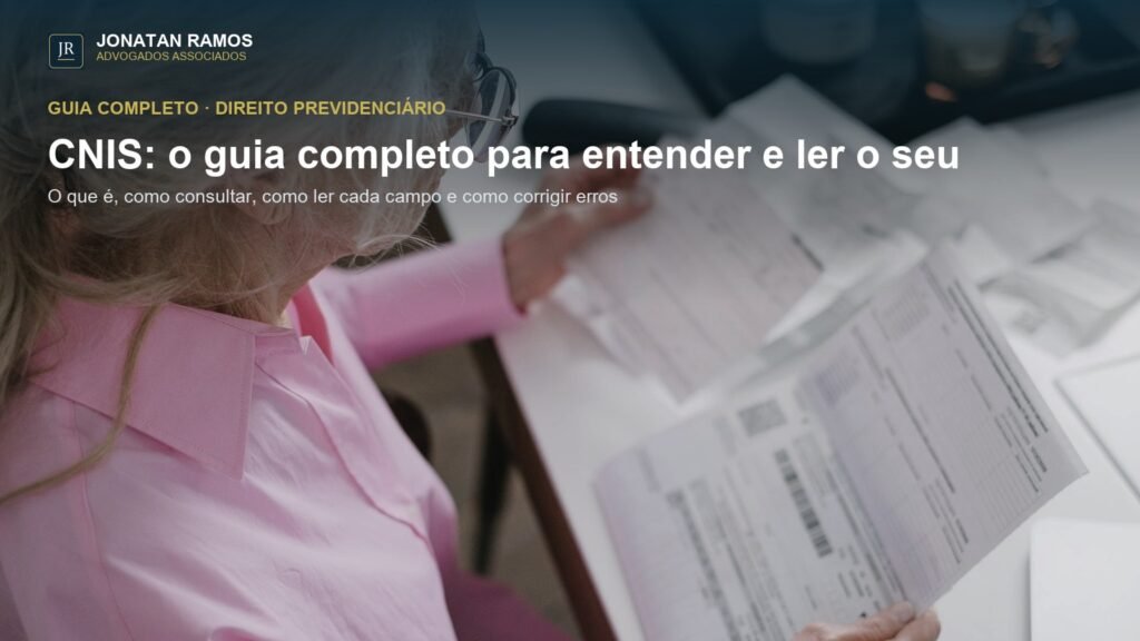 Pessoa idosa de óculos segurando e lendo documentos numa mesa, com título CNIS: o guia completo