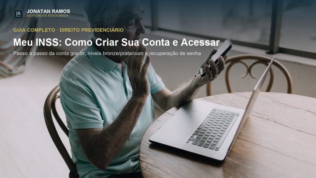 Senhor idoso segurando o celular e mexendo no laptop em uma mesa de madeira, capa do guia sobre como criar acesso ao Meu INSS