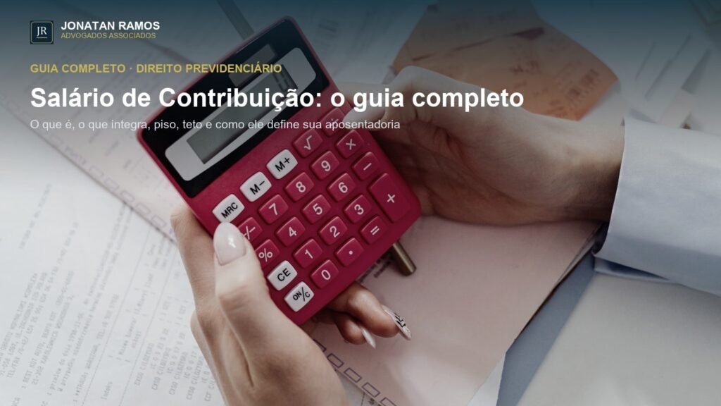 Mãos segurando uma calculadora vermelha sobre documentos e recibos, calculando valores de contribuição