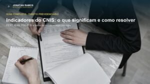 Duas pessoas revisando documentos numa reunião, com título Indicadores do CNIS