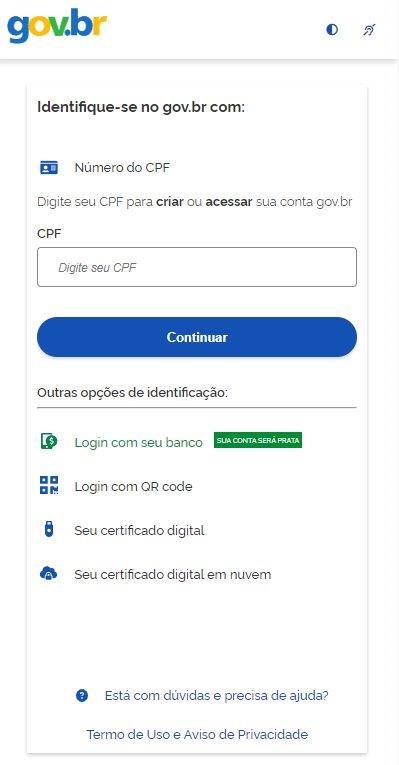 Tela de identificação do gov.br pedindo o número do CPF para criar ou acessar a conta