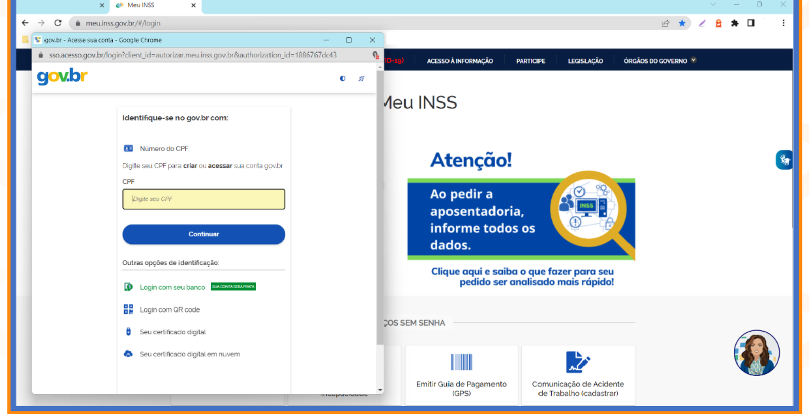 Tela de login do Meu INSS pela conta gov.br, com o campo para digitar o CPF