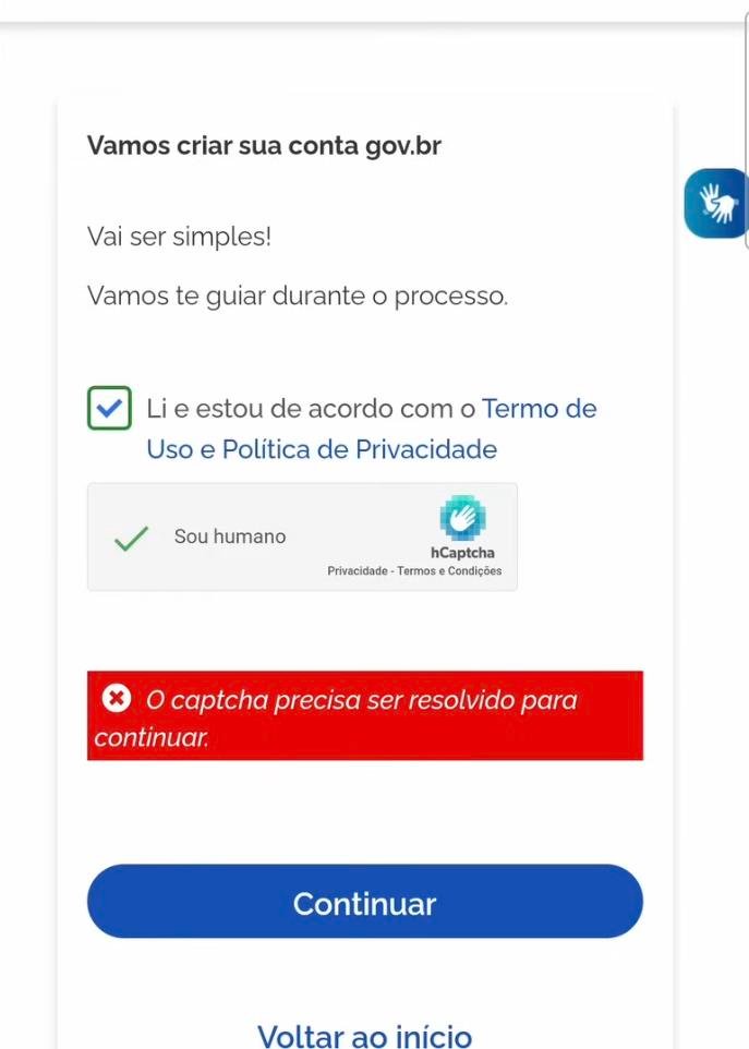 Tela "Vamos criar sua conta gov.br", com aceite do termo de uso e verificação de captcha