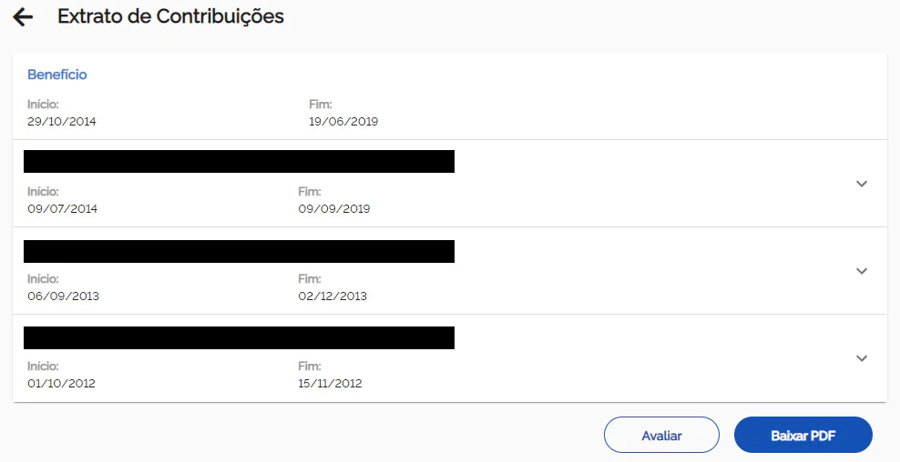 Tela do extrato do CNIS na versão web do Meu INSS, com os vínculos listados