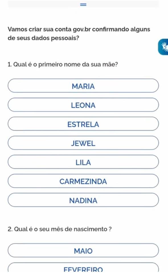 Tela de confirmação de identidade do gov.br perguntando o primeiro nome da mãe entre várias opções