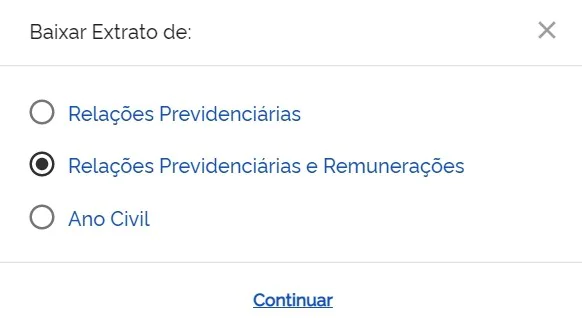 Tela de opções ao baixar o extrato: Relações Previdenciárias, Relações Previdenciárias e Remunerações, ou Ano Civil