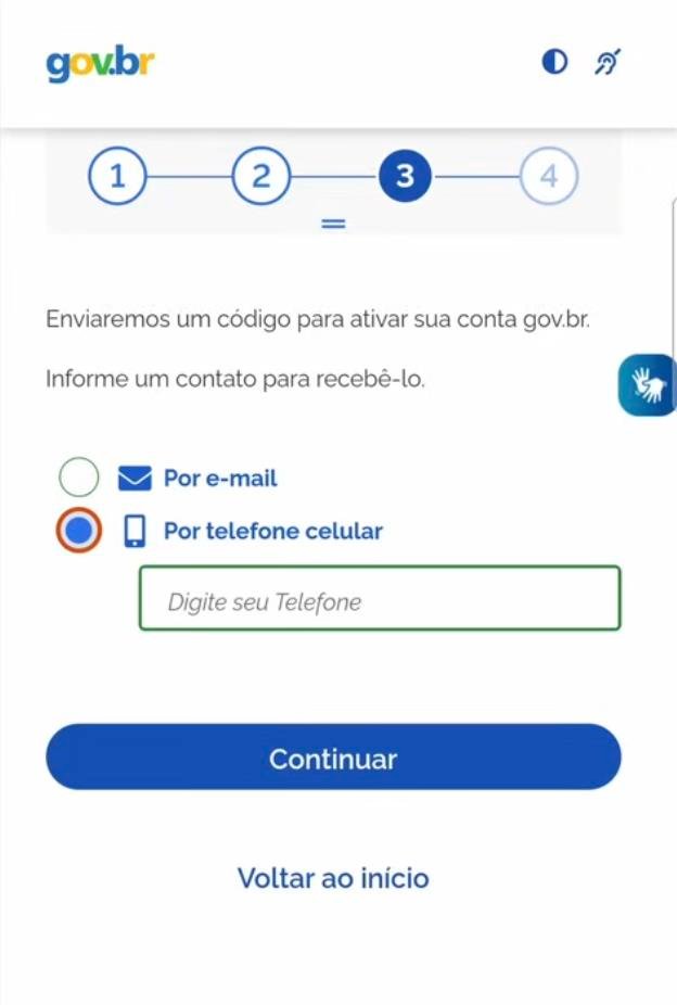 Tela de cadastro do gov.br pedindo para escolher entre e-mail ou telefone celular para receber o código de confirmação