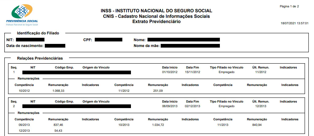 Extrato Previdenciário do CNIS em PDF, mostrando identificação do filiado, relações previdenciárias e remunerações por competência