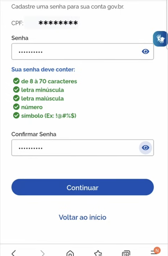 Tela de cadastro de senha do gov.br mostrando os critérios: 8 a 70 caracteres, letra minúscula, maiúscula, número e símbolo