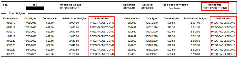 Exemplo real de indicador (PREC-FACULTCONC) destacado na coluna "Indicadores" do extrato