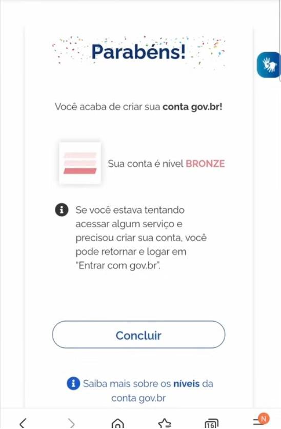 Tela "Parabéns! Você acaba de criar sua conta gov.br", mostrando que a conta é nível bronze